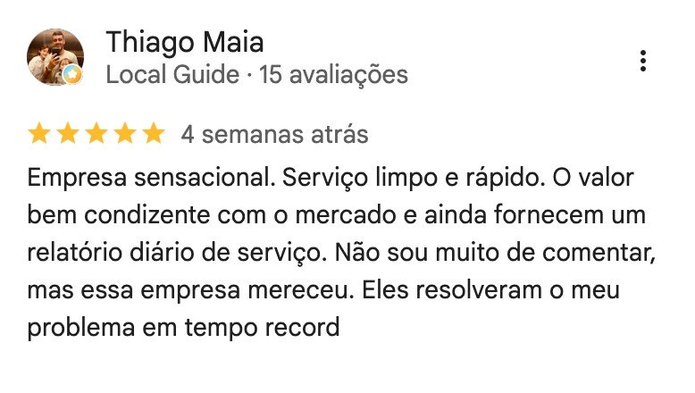 Avaliação 5 estrelas no Google: serviço limpo e rápido, com relatório diário de serviço