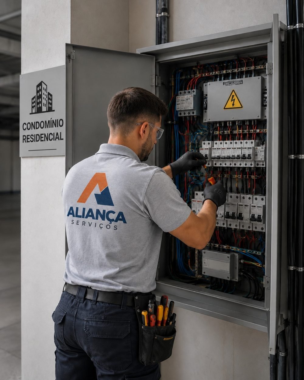 Eletricista da Aliança trabalhando no quadro de distribuição elétrica de um condomínio