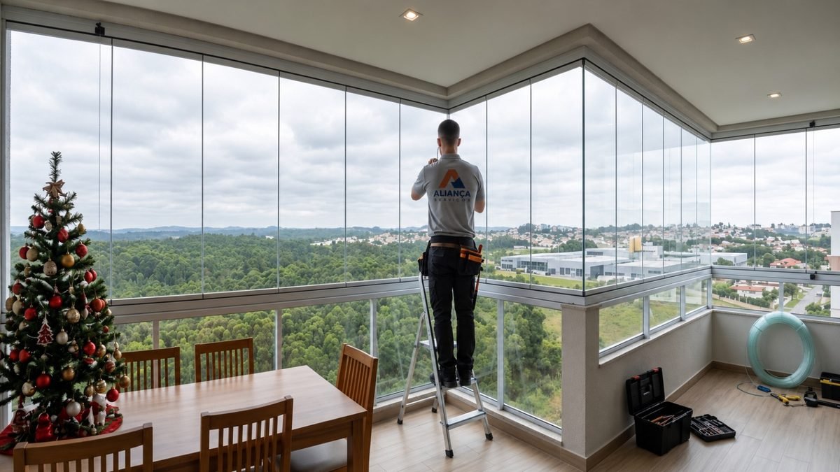 Técnico da Aliança em manutenção de esquadrias de vidro na sacada de um apartamento