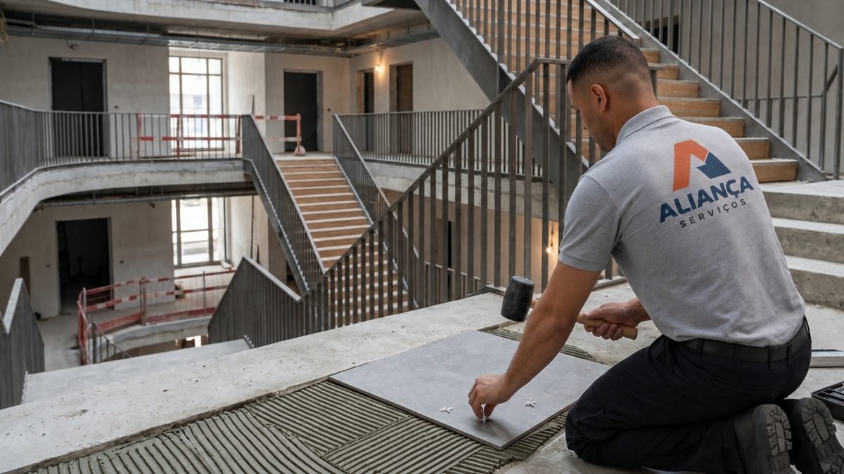 Profissional da Aliança assentando piso em obra de reforma predial em condomínio