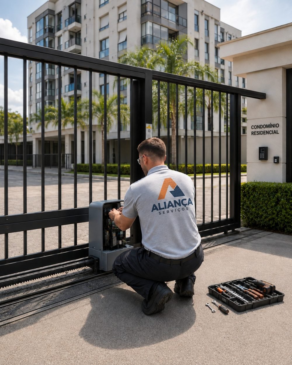 Técnico da Aliança em manutenção do motor de um portão automático
